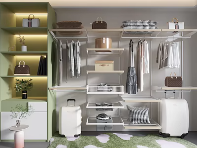 Modern Green And White Wardrobe Design With Hanging Space Shelving Drawers Bags Hats And Luggage 3d model