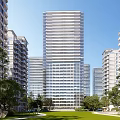 Modern High Rise Residential Building With Green Lawn Trees And Pathway