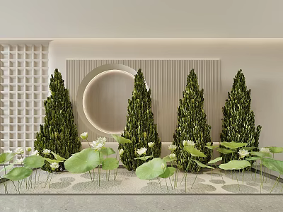 Tall Trimmed Shrubs with Lotus Leaves and Decorative Green Plants in Modern Garden 3d model