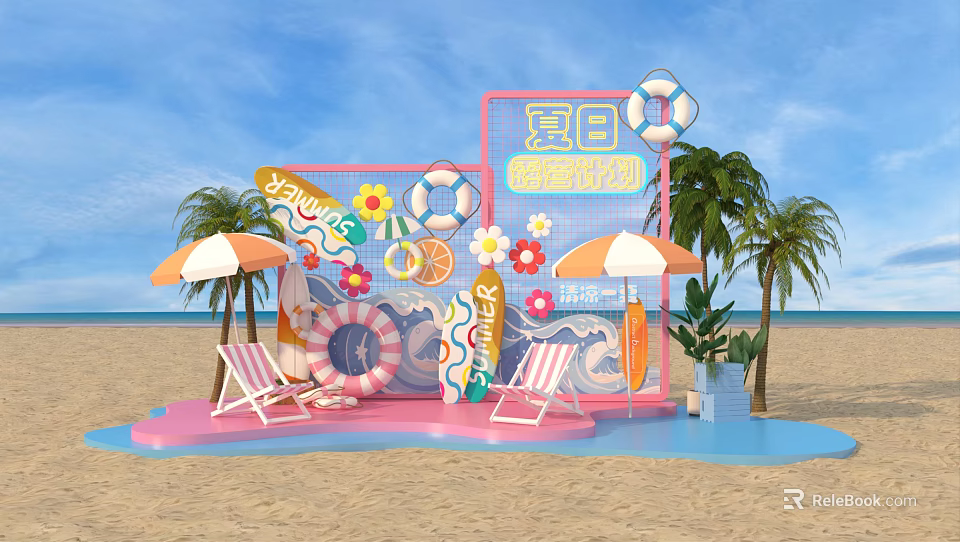 Summer Beach Photo Check In Spot With Vibrant Flowers Lifebuoy Umbrellas And Palm Trees 3d model 
