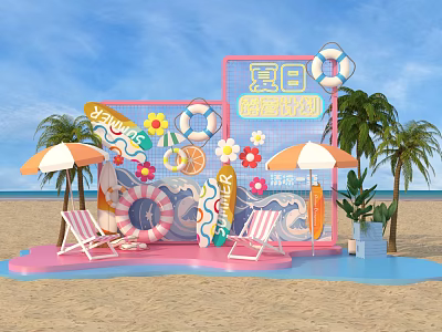 Summer Beach Photo Check In Spot With Vibrant Flowers Lifebuoy Umbrellas And Palm Trees 3d model