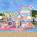 Summer Beach Photo Check In Spot With Vibrant Flowers Lifebuoy Umbrellas And Palm Trees