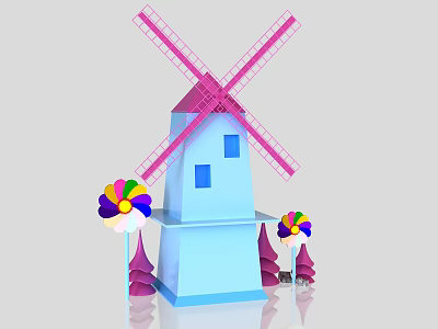 Agricultural Equipment Windmill With Pink Blades Blue Tower And Colorful Pinwheels Purple Trees 3d model