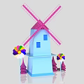 Agricultural Equipment Windmill With Pink Blades Blue Tower And Colorful Pinwheels Purple Trees