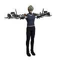 Human Character With Blonde Hair And Mechanical Arms Wearing Dark Clothing Standing