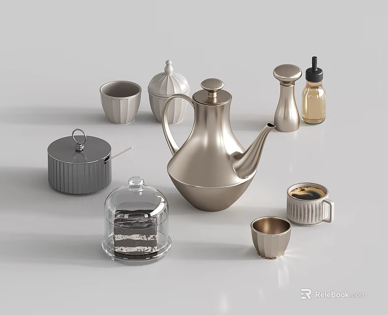 Modern Metallic Tea Set With Teapot Cups Sugar Bowl And Glass Cloche Container 3d model 