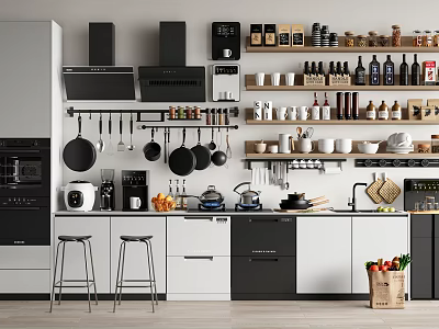 Modern Kitchen Interior With Black White Cabinets Island Counter And Kitchen Appliances 3d model