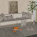 Two Seater Beige Sofa With Patterned Cushions Knitted Throw Green Plant And Decorative Rug