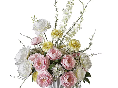 Beautiful Mixed Colored Flowers In Vase With Pink Roses White Peonies And Yellow Blooms 3d model