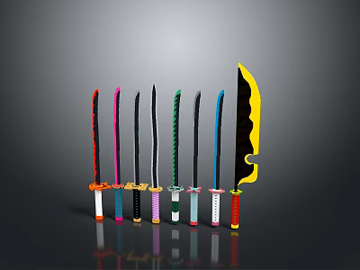 Various Colored Handle Knives With Straight And Serrated Blades Arranged In 3d model