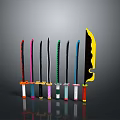 Various Colored Handle Knives With Straight And Serrated Blades Arranged In
