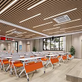 School Multipurpose Room with White Orange Chairs Large Screens Wooden Strip Ceiling and Lighting