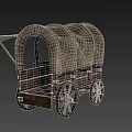 Classic Wooden Covered Wagon with Green Storage Cabinets Wooden Barrel and Wooden Wheels
