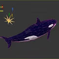 Polygonal Blue Orca Aquatic Animal with Pink Starburst and Small Red Fish