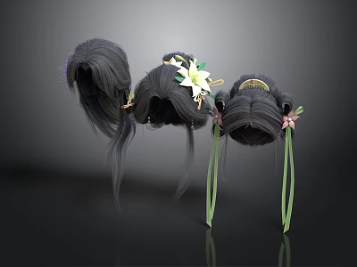 Black Wig Buns Adorned With White Pink Flowers And Green Ribbons For Daily Decor 3d model