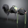 Black Wig Buns Adorned With White Pink Flowers And Green Ribbons For Daily Decor
