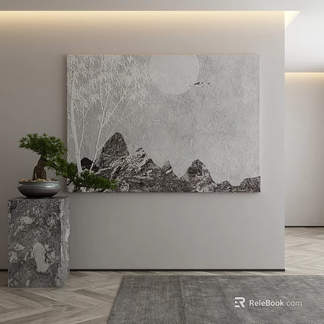 Black White Landscape Painting With Green Plant On Marble Pedestal In Indoor Decor 3d model 