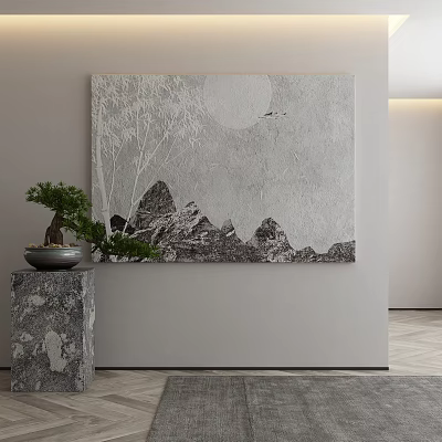 Black White Landscape Painting With Green Plant On Marble Pedestal In Indoor Decor 3d model