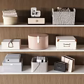 Various Storage Boxes And Containers On White Shelves With Wooden Wall For Home Organization