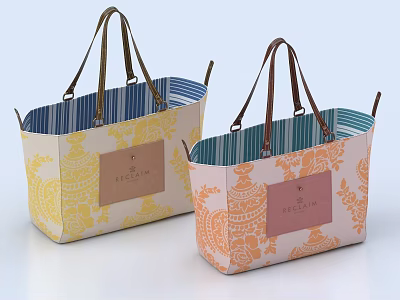 Yellow and Pink Storage Baskets with Floral Patterns Brown Handles Striped Liners and MEGMA Label 3d model
