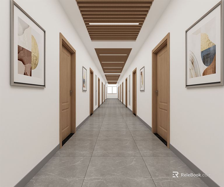 Office Corridor With White Walls Wooden Doors Decorative Paintings Wooden Ceiling And Gray Tile Floor 3d model 