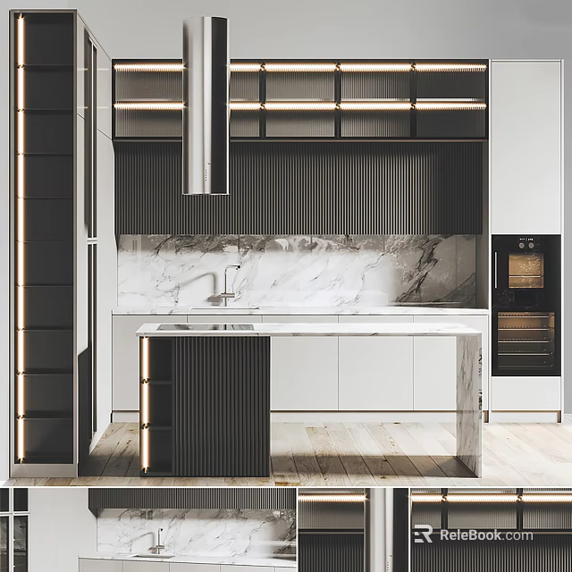 Elegant Modern Kitchen Interior With Marble Countertop Island And Stylish Cabinets 3d model 