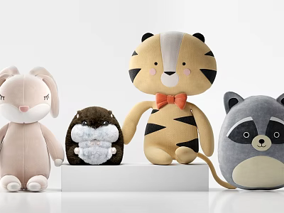Cute Plush Animal Dolls Collection With Bunny Tiger Raccoon Hedgehog 3d model