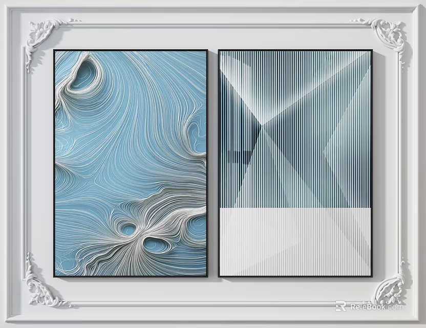 Abstract Wall Art Two Pieces With Blue White Wavy Geometric Patterns For Home Decor 3d model