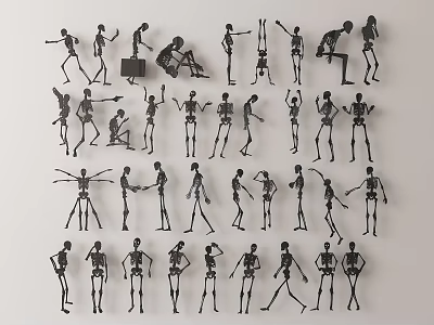 Modern Black Silhouette Skeleton Wall Decor With Various Poses Arranged Artistically 3d model