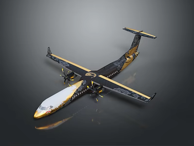 Black and Gold Aircraft with Propellers and Long Shiny Wings on Gray Background 3d model