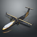 Black and Gold Aircraft with Propellers and Long Shiny Wings on Gray Background
