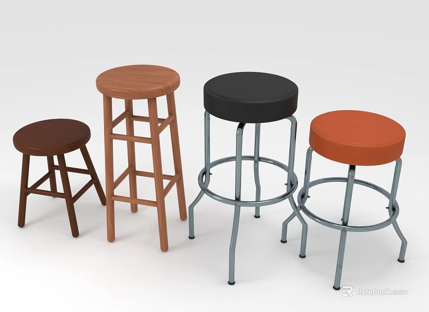 Assorted Stylish Stools With Wooden And Upholstered Seats And Metal Legs 3d model 