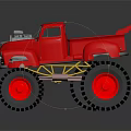 Red Monster Truck With Large Black Tires Red Wheels And Exposed Engine