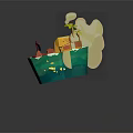 Cartoon Scene Featuring Floating Green Island With Yellow Sand Red House And Palm Tree