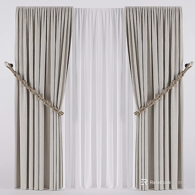 Gray Curtains With White Sheer Layer And Rope Tiebacks For Home Decor 3d model 
