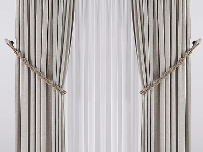 Gray Curtains With White Sheer Layer And Rope Tiebacks For Home Decor 3d model