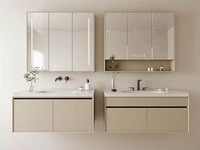 Modern Double Bathroom Vanity Set With Mirrored Cabinets Sinks And Decorative Plants 3d model