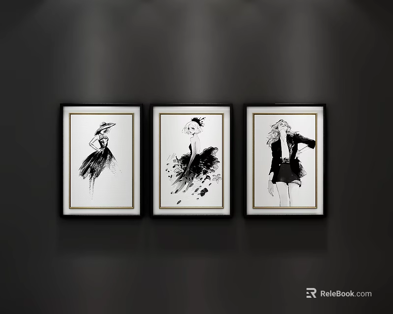 Three Minimalist Framed Figure Paintings Displayed With Black Borders On Dark Wall 3d model 