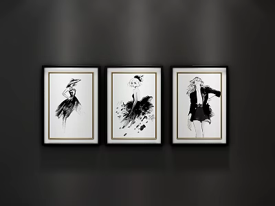 Three Minimalist Framed Figure Paintings Displayed With Black Borders On Dark Wall 3d model