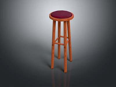 Wooden Bar Stool with Red Padded Seat and Simple Four Legs Design Structure 3d model