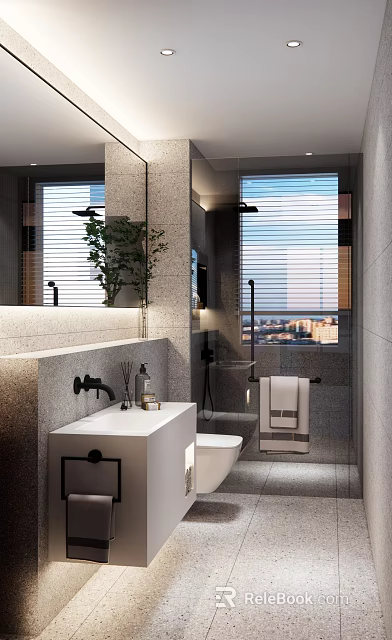 Modern Bathroom Interior With Large Mirror Marble Countertop Shower Area And Potted Plant 3d model 