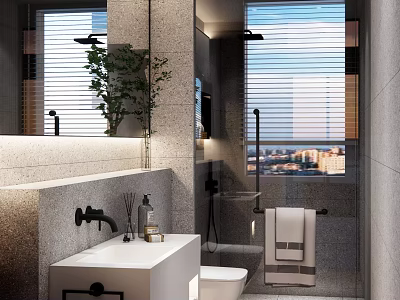 Modern Bathroom Interior With Large Mirror Marble Countertop Shower Area And Potted Plant 3d model