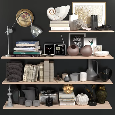 Stylish Decorative Ornament Set on Shelf Display With Books Vases Clock Lamp and Geometric Decor 3d model