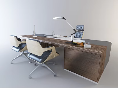 Modern Wooden Office Desk With Desk Lamp Laptop Pen Holder And Two Upholstered Chairs 3d model