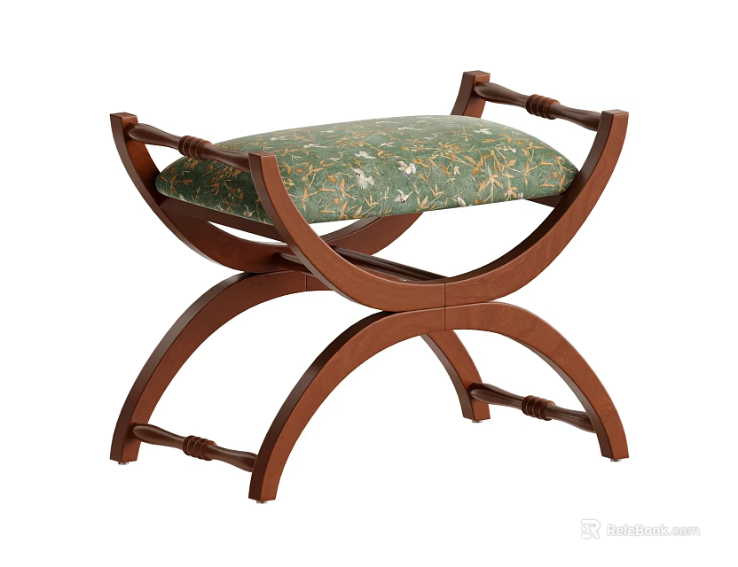 Retro Curved Wooden Frame Sofa Stool With Elegant Green Floral Printed Upholstered Seat 3d model 