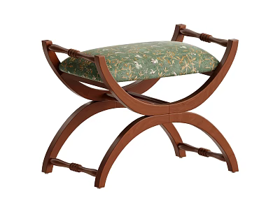 Retro Curved Wooden Frame Sofa Stool With Elegant Green Floral Printed Upholstered Seat 3d model