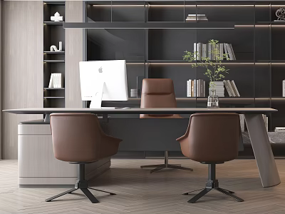 Modern Office Desk With Brown Chairs Computer Monitor Bookshelf Books And Green Plant 3d model