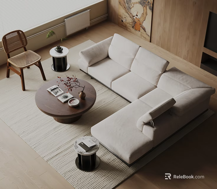 Modern Light Upholstered Sofa and Round Wooden Coffee Table Set with Side Tables and Wicker Chair 3d model 