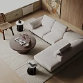 Modern Light Upholstered Sofa and Round Wooden Coffee Table Set with Side Tables and Wicker Chair