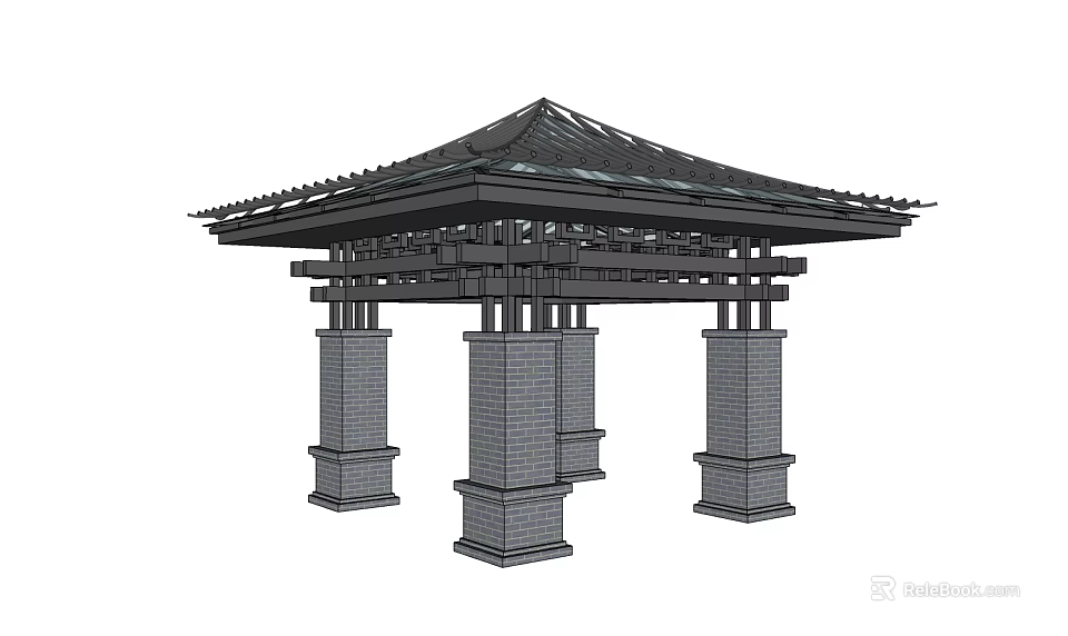 Traditional Landscape Pavilion With Stone Columns And Curved Roof Architectural Design 3d model 